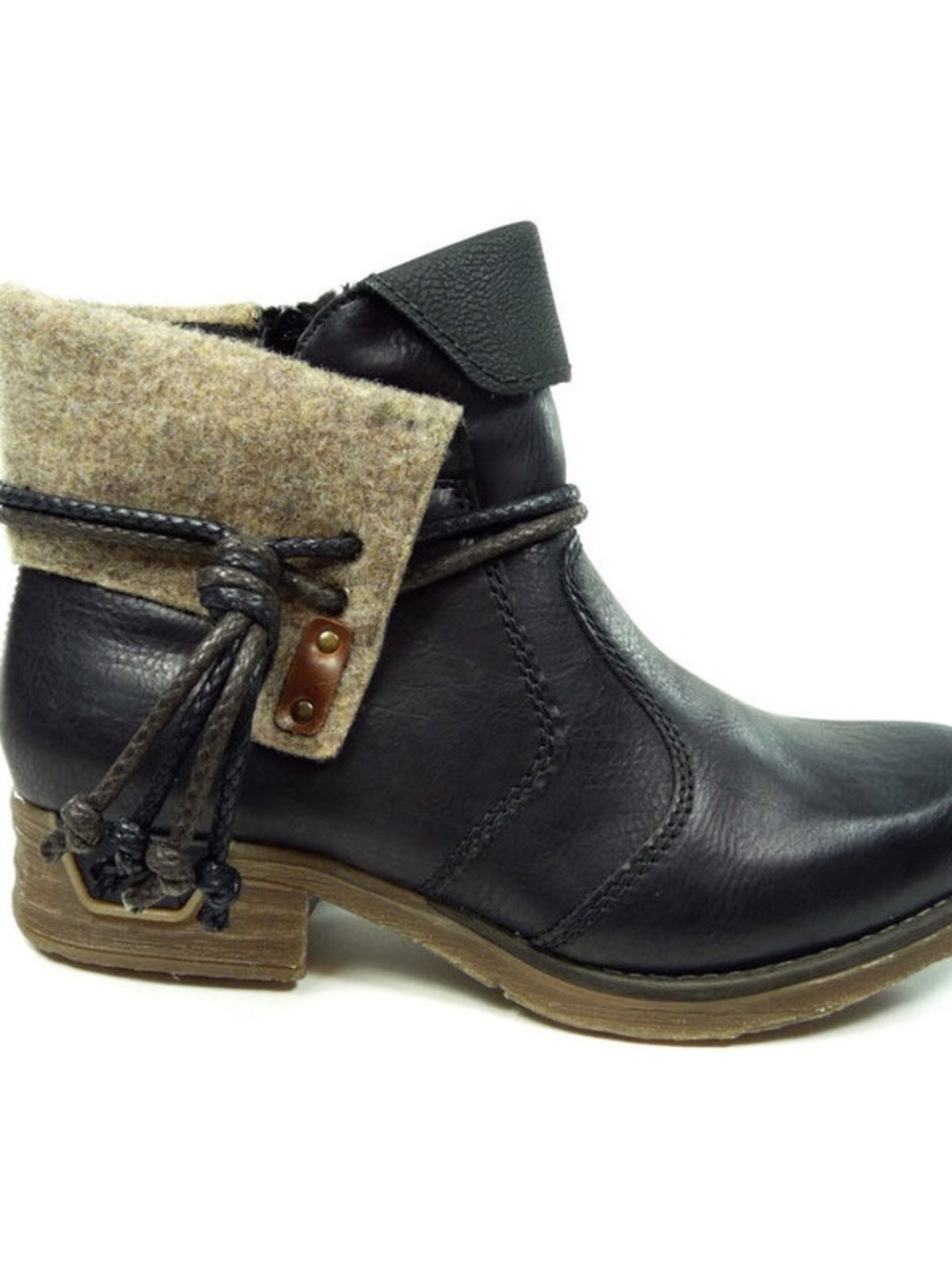 Rieker Black Leather Ankle Boots with Wool Cuff
